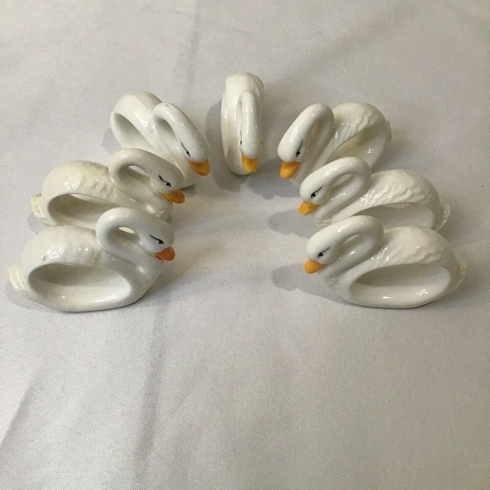Vintage White Porcelain Swan Napkin Rings (Set of 7) Made in Philippines